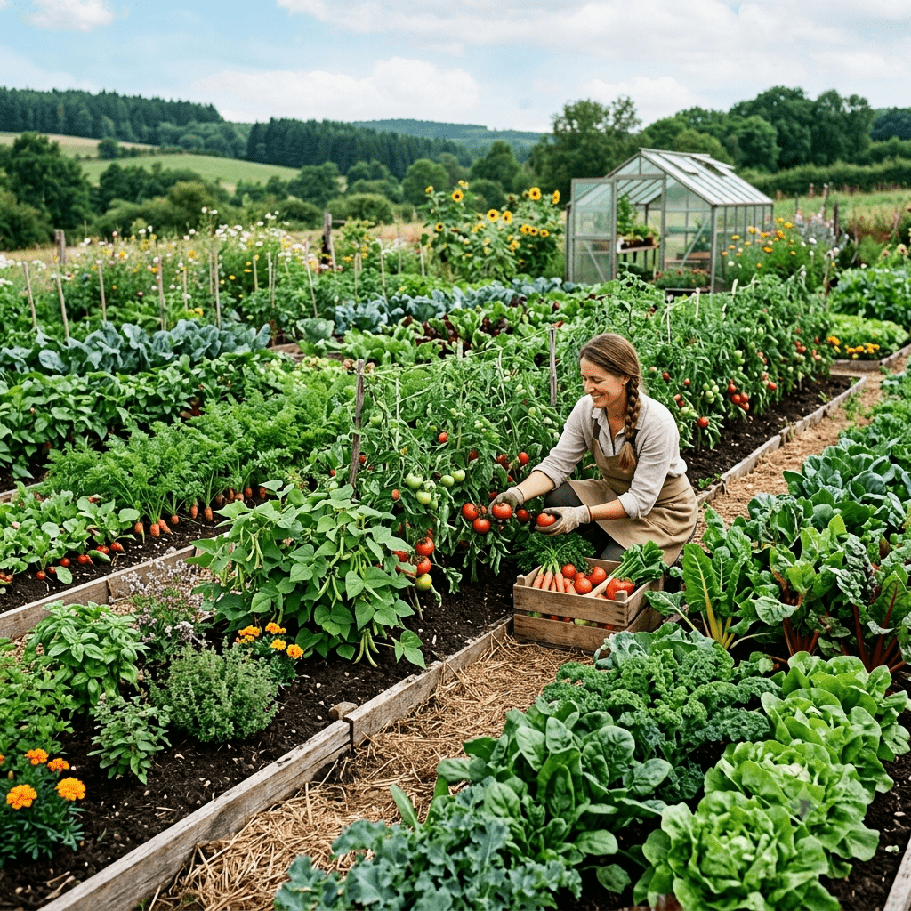 Farmer managing an organic farm using modern farm management services for healthy crops and sustainable agriculture